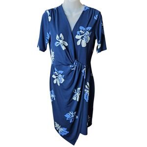 Banana Republic Womens Tropical Print Dress S Blue Faux Wrap Twist Front‎ Resort